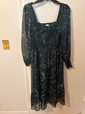 Nine West Teal Abstract Smocked Midi Dress